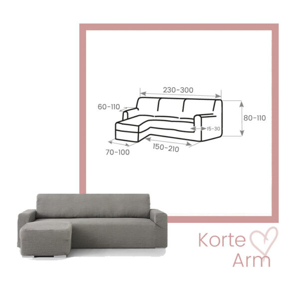 Getekende bank met afmetingen. De gehele breedte is 230 - 300cm, de hoogte tussen de 80-110 cm, het stuk voor de arm 150-210cm, breedte van de arm 70-100cm en de armleuning is tussen de 60-110cm breed.