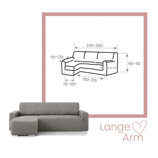 Getekende bank met afmetingen. De gehele breedte is 230 - 300cm, de hoogte tussen de 80-110 cm, het stuk voor de arm 150-210cm, breedte van de arm 70-100cm en de armleuning is tussen de 110-170cm breed.