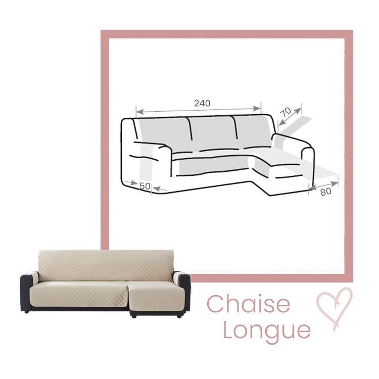 Afmetingen bankbeschermer Velvet Quilt Chaise Longue Rechts 240cm